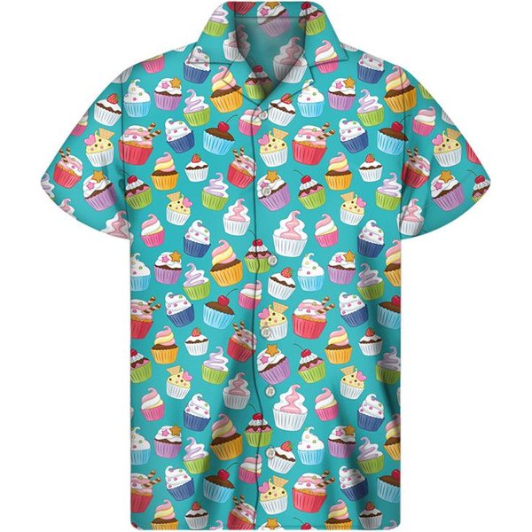 Camisas Hawaianas Con GráFico De Cupcake De Dibujos Animados Para Hombre Camisa De Solapa De Comida Verano Calle Suelta Camisetas BotóN Manga Corta Blusa L Blue-image