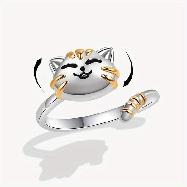 Anillo Giratorio De Gato Lindo, Animal Gato Alivia El EstréS Y La Ansiedad Con Un Anillo De Boca Abierta, JoyeríA Popular. Resizable White-image