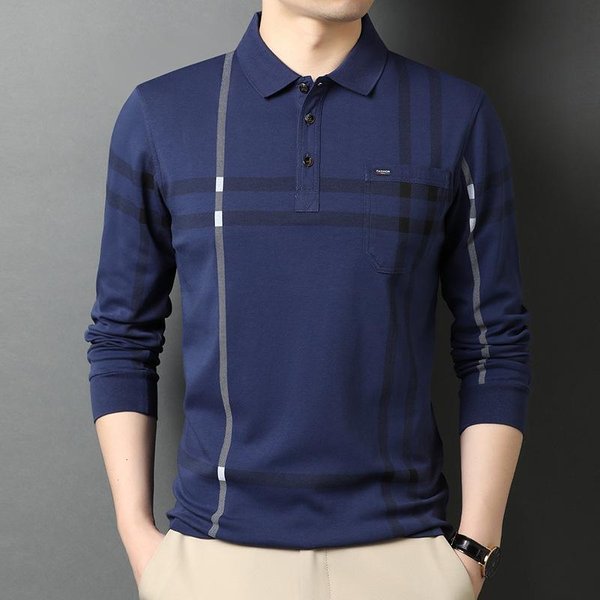 Nueva Camiseta De Manga Larga Para Hombre De Primavera Color SóLido Cuello De Solapa Top Para Hombres JóVenes Y De Mediana Edad Camisa Polo Xxxl Blue-image