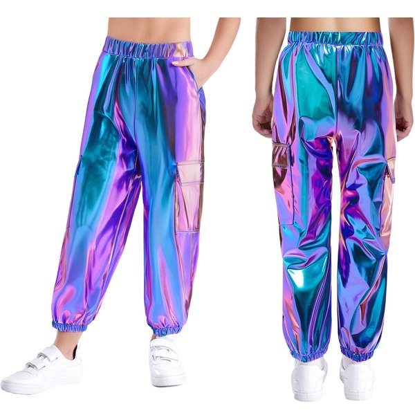 Pantalones De Danza MetáLicos Unisex Para NiñOs Cintura EláStica Pantalones Brillantes Con Bolsillos Ropa De ActuacióN Hip Hop Jazz 5-6 Years Blue-image