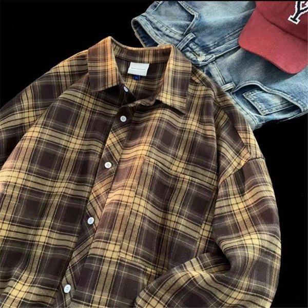 MęSka Vintage Flanelowa Koszula W Kratę Oversize Z DłUgim RęKawem Zapinana Na Guziki Lekki Codzienny Top Do Noszenia Na Co Dzień XL Brown-image