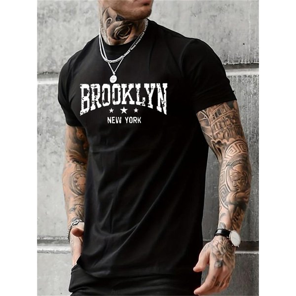 Camiseta De Verano Para Hombre Con Estampado De Letras De Brooklyn Nueva York, Casual, Holgada, CóModa, De Cuello Redondo Y Manga Corta 5XL Black-image
