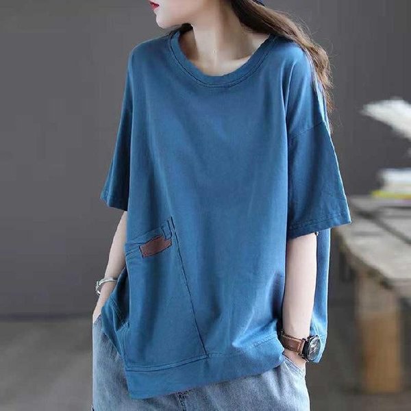 Nueva Camiseta De Verano Holgada Con Cuello Redondo Para Mujer Estilo Literario Top Irregular Con Parches De Media Manga Para Mujer 3XL Azul-image