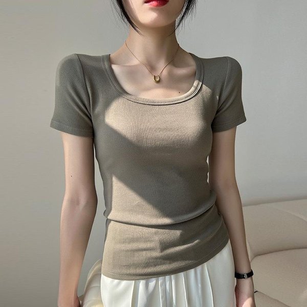 Camiseta De AlgodóN Con Cuello Cuadrado De Hilo, Manga Corta Para Mujer, Nueva Camiseta Ajustada De Verano Con Base De Hombro Delantera 2XL Gray-image