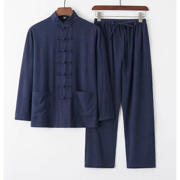 Traje Tang De AlgodóN Y Lino Estilo Chino Traje De Manga Larga Para Hombre Estilo Chino Retro Holgado Hanfu Top De Tai Chi Ropa Zen Ropa De Descanso XXL Azul Marino-image
