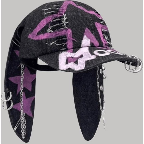 Gorra De BéIsbol Con Visera Y Orejas De Conejo Estilo Dark Punk Vaquera Agujereada Tendencia Para Mujer Cadena Hip-Hop Personalizada Estilo Abby 58 Black-image