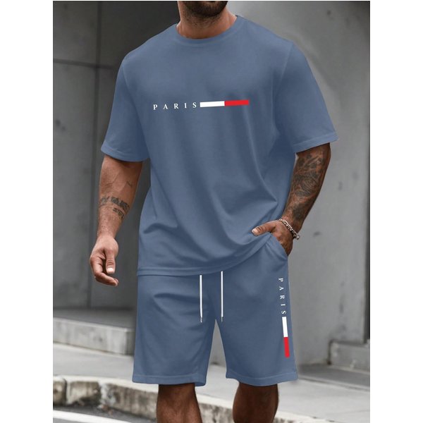 MęSki DwuczęśCiowy Zestaw Wiosenno-Letni Z Nadrukiem Liter, Casualowa Koszulka Z KróTkim RęKawem I Spodenki, StróJ Sportowy 3XL Gray-image