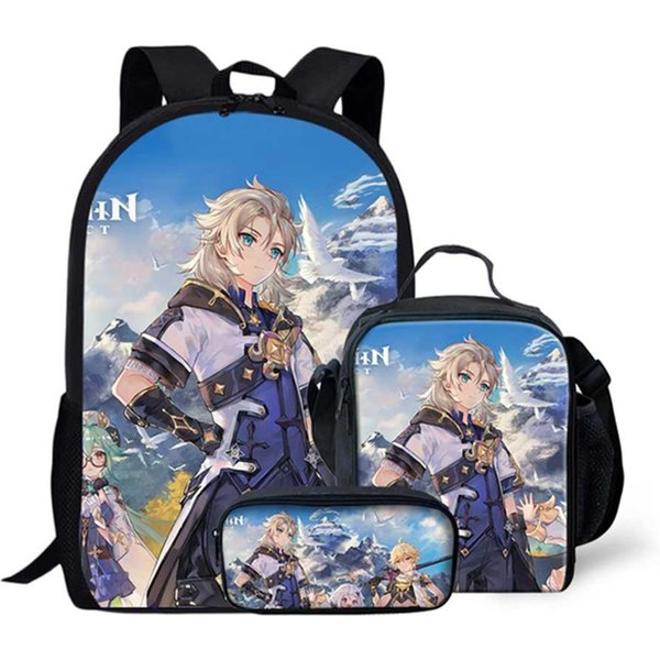 CláSico Popular Novedad Divertido Genshin Impact ImpresióN 3D 3Uds/Set Alumno Mochilas Escolares PortáTil Mochila De DíA Mochila Bolsa De Almuerzo Estuche-image