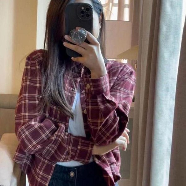 Camisa De Cuadros Retro Abrigo Corto Para Mujer OtoñO Nuevo Top De Manga Larga M BorgoñA-image