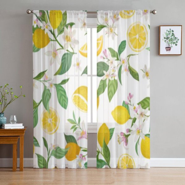 Cortinas De Tul Transparente De LimóN De Fruta Tropical Para Sala De Estar El Dormitorio Cortinas Modernas De Gasa Voile Organza DecoracióN Cortinas 135W X 114H(Cm) White-image