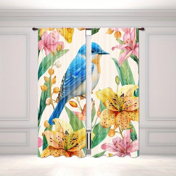 Cortinas De PoliéSter Con Estampado De ColibríEs Y Flores Que Filtran La Luz, 2 Piezas, Con Bolsillo Para Barra, Decorativas Para Dormitorio 100W130H(Cm)40X51In&Grommet Top-image