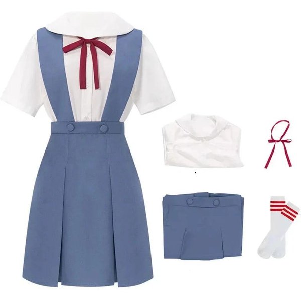 Disfraz Cosplay De Rei Ayanami Asuka Langley Soryu Cosplay Para Mujer Uniforme Escolar Vestidos Peluca Pinzas Para El Cabello Halloween Ropa Loli XL White-image