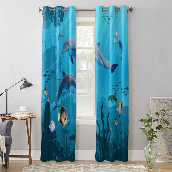 Letnie żYcie Morskie Delfin Ryby ZasłOny Okienne Do Salonu Luksusowe ZasłOny Do Sypialni Kuchnia Rolety ZasłOny 135W X 60H(Cm) X1 Blue-image