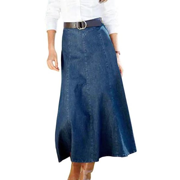 Falda Vaquera Midi De Cintura Alta Con Dobladillo Grande Y DiseñO Adelgazante, Falda Midi De Color Liso Para Oficina, Falda Vaquera Para Uso Diario. S Azul Oscuro-image