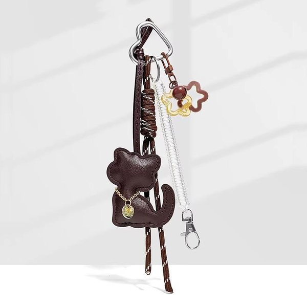 Colgante De Bolso Cadena De Moda Gato De Cuero Colgante Lazo Dibujos Animados Llavero Gato Lindo Creativo Cuerda De Lazo Accesorio De Regalo Black-image