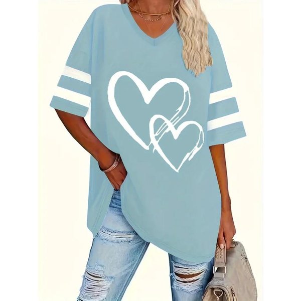 Plus Size T-Shirt Z Nadrukiem W KształCie Serca, Casual T-Shirt Z KróTkim RęKawem I Dekoltem W Serek, Odzież Damska W DużYch Rozmiarach Xxl-image