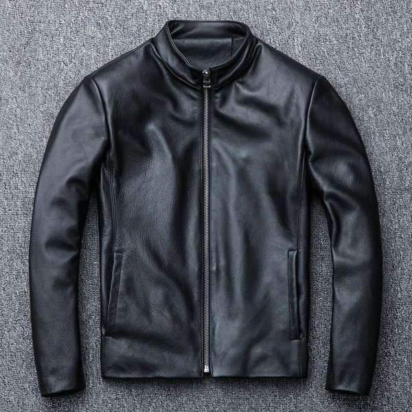 Nowa Jesienno-Zimowa MęSka SkóRzana Kurtka Pierwsza Warstwa SkóRa BydlęCa WąSki StóJka KróTki Styl Xxxxl Czarny-image
