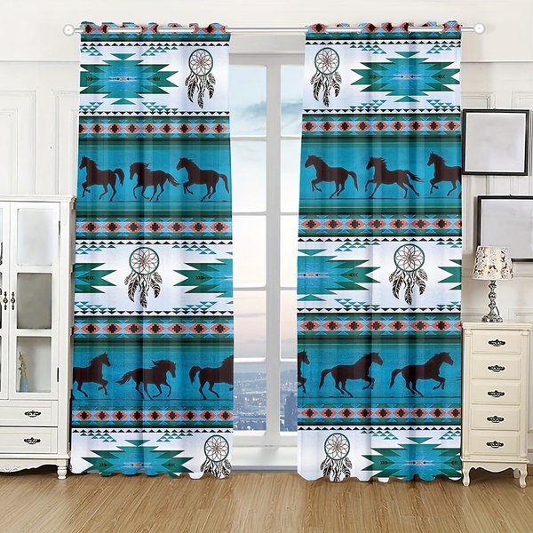 2 Szt. ZasłOny W Stylu Boho/Azteckim Termoizolacyjne ZasłOny Okienne Dekoracje Okienne Do Sypialni Pokoju Dziennego Biura Dekoracja Domu 100W130H(Cm)40X51In&Grommet Top Blue-image