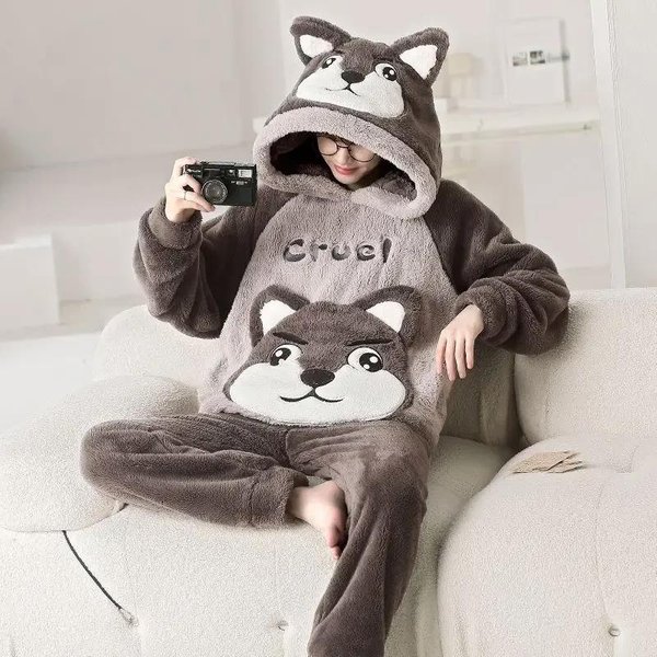 Pijamas De OtoñO E Invierno Para Hombre, De Forro Polar Coral, De Franela Gruesa Con Dibujos Animados, Conjuntos De Ropa De Estar Por Casa, Pijamas De Talla Grande 2XL Black-image