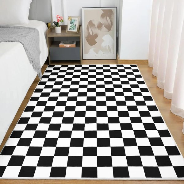 Czarno-BiałY Dywan W Kratę Do Salonu, Sypialni, 6X9 MięKki, Zmywalny Dywanik Obszarowy Z AntypośLizgiem, Odporny Na Plamy, Z Niskim WłOsiem 50X80Cm-image