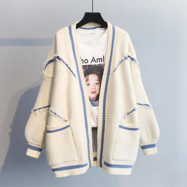 SuéTer De OtoñO Coreano Holgado De Punto Rayado SuéTer De Punto De Longitud Media Chaqueta CáRdigan SuéTer Femenino Con Letras S Beige-image