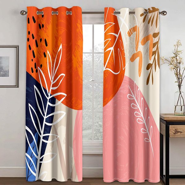 Cortinas Abstractas GeoméTricas Con Estampado De Hojas Para Dormitorio, Sala De Estar, Persianas De Piso A Techo, Estores, Ventanas, Ojales Superiores (W50H130Cm)-2Pcs&Grommet Top-image