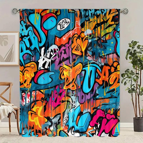 2 Szt. ZasłOna Z Nadrukiem Artystycznym Graffiti ZasłOny Okienne Z Wzorem Do Salonu Dekoracja Sypialni ZasłOna Z Tunelem Na Karnisz 100*130 Rod Pocket 1Pcs-image