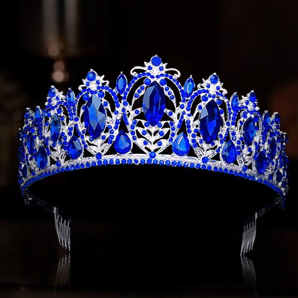 Nowa KryształOwa Korona Diadem ŚLubne Akcesoria Do WłOsóW Korona Wysokiej Klasy Urodziny ŚLub Blue-image