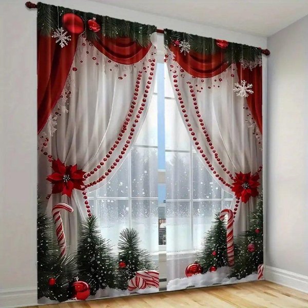 Juego De Cortinas De Navidad De 2 Piezas Puerta De Granero De Madera Bolsillo Para Barra Cortinas De PoliéSter Para Sala De Estar, Cocina, Dormitorio, El, BañO, 50W160H(Cm)X2Panel&Grommet Top-image
