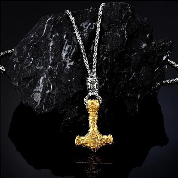 Nordyccy Wikingowie Thor 'S Hammer Mjolnir Skandynawski Runiczny Amulet Naszyjnik ŁAńCuch Ze Stali Nierdzewnej Vegvisir Kotwica Wisiorek MęSka BiżUteria 60Cm Black-image