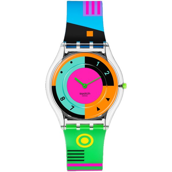 Zegarek Swatch Seria Neon Mechanizm Kwarcowy Wodoodporność 30M Tarcza 34Mm Kolorowa Koperta Z MateriałU Pochodzenia Biologicznego Pasek Silikonowy Zegarki Unisex SS08K119 Multicolor Watch Dial Blue-image