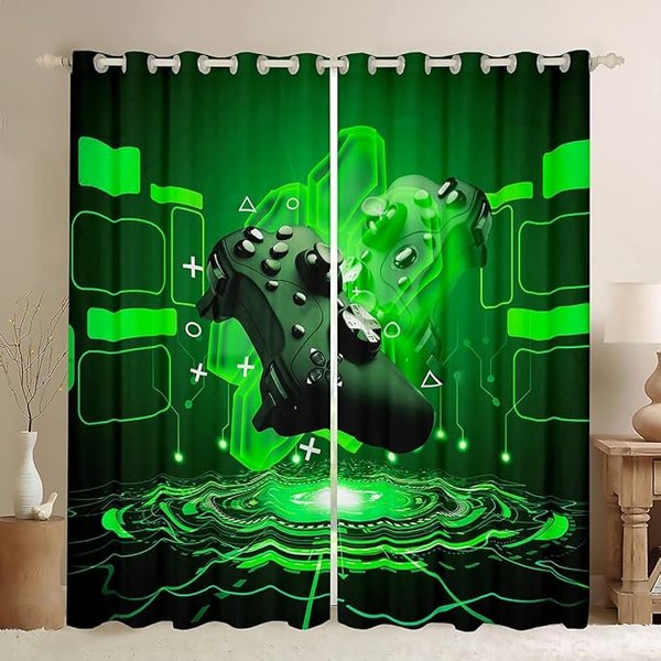 Cortinas Finas Estampadas Con Mando De Juego Para Dormitorio De NiñO, DecoracióN De Sala De Juegos, Cortinas De Ventana Para Jugar A Videojuegos, Cortinas De Ventana Con Sombreado, 2 Paneles (W50H130Cm)-2Pcs&Grommet Top-image
