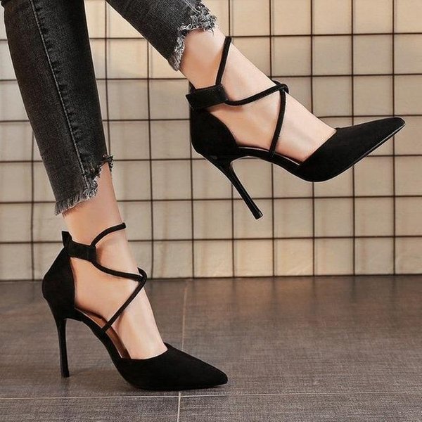 Nowy Design WiąZane Na Krzyż Wysokie Obcasy ,Modne Seksowne Wiosenne Buty ,Damskie CzółEnka ,Szpiczasty Nosek ,Czarne ,RóżOwe ,8Cm ,Dropship 39 Czarny-image