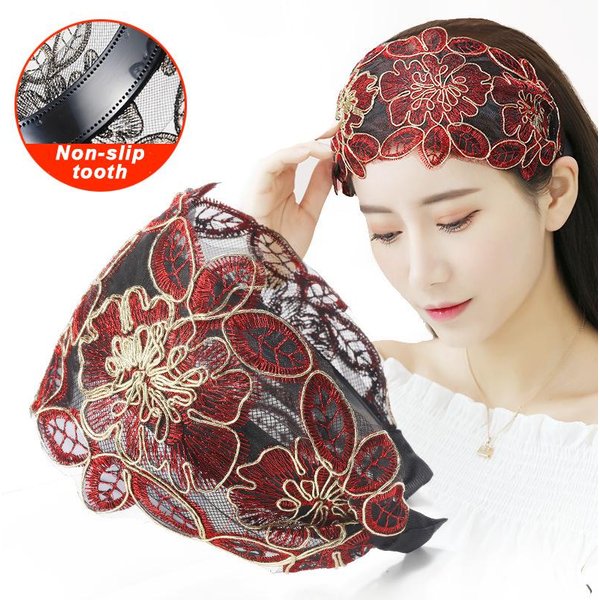 Diadema De Flores De Encaje Ancha Aro Para El Cabello Para Mujer Bandas Para El Cabello Dentada Antideslizante EláStica Diadema Bisel Accesorios Para El Cabello Tocado Gray-image