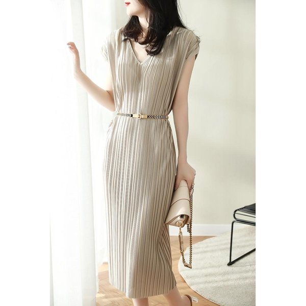 Vestido Plisado Miyake En Primavera Y Verano Nuevo Recto Cuello En V Para Cubrir El Vientre Y Hacerlo Lucir Delgado Y Holgado. XL Beige-image