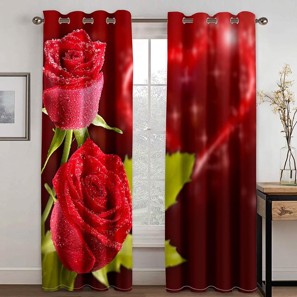 2 Panele Czerwone RóżOwe Kwiatowe ZasłOny Do Pokoju Dziewczynki Okno Od PodłOgi Do Sufitu Kuchnia ŻAluzje Okienne PółZaciemniająCe Cortinas 2X50W100H(Cm)&Hook-image