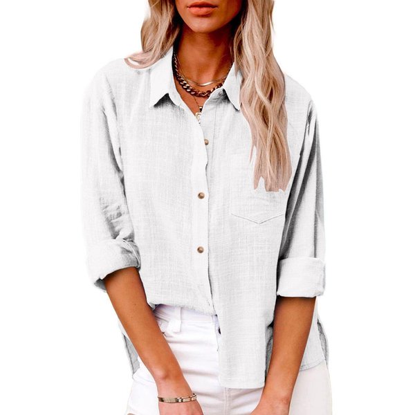 Camisa Holgada De Color SóLido Con Botones De Manga Larga De OtoñO Para Mujer Camisa Informal De Talla Grande L Blanco-image