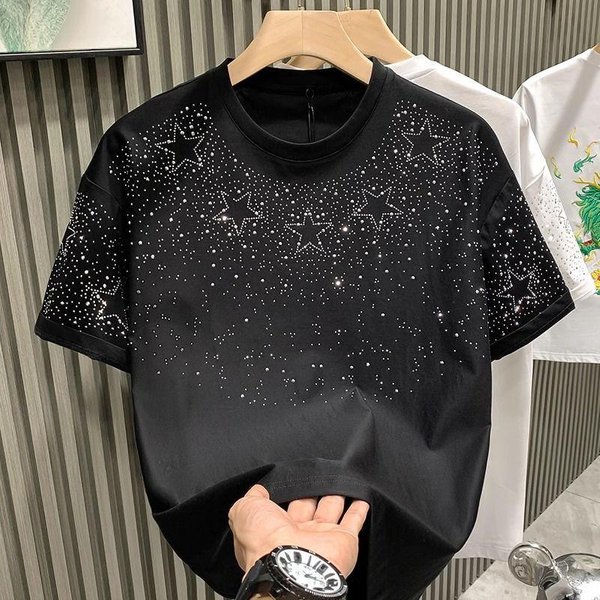 Letni T-Shirt Z Nitami Z Cyrkonii Dla MężCzyzn Odzież OkrąGłY Dekolt Casualowy T-Shirt Moda High Street MęSki Letni KróTki RęKaw M Black-image