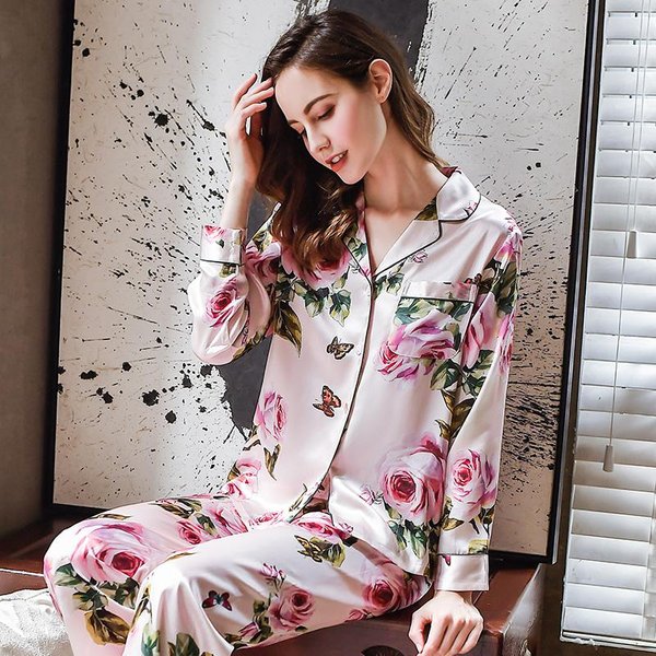 Pijama De Seda De Morera Para Mujer Conjunto De Pijama De Seda Pijama Estampado Floral Flor Manga Larga 2XL White-image