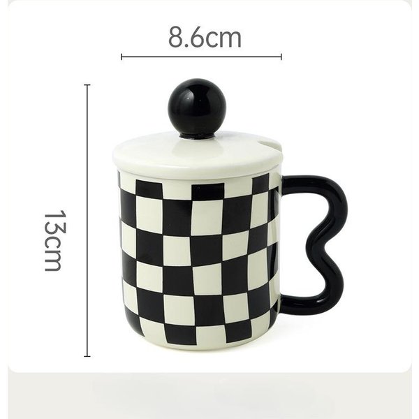 Taza De CeráMica Vintage A Cuadros Con Tapa CaracteríStica Taza Con Asa Taza De Café Para Oficina Hogar Nicho Taza De Leche 301-400Ml-image
