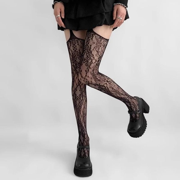 Lolita SłOdkie Dziewczyny Styl Punkowy Kwiatowe Rajstopy Kolorowe DłUgie Do Uda PońCzochy Przezroczyste Siateczkowe Rajstopy Do PasóW Pas Do PońCzoch Rajstopy One Size-image