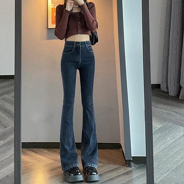 Jeans De Cintura Alta Azules Y Grises Para Mujer En Primavera Y OtoñO DiseñO Adelgazante Y EláStico Pantalones Acampanados Nicho De Herradura S-image