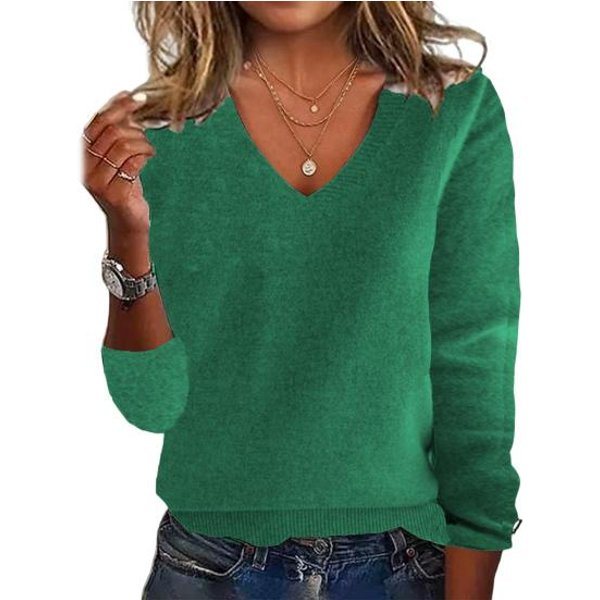 SuéTer De Mujer Con Cuello En V, Manga Larga, Ribete Acanalado, Jersey De Punto, SuéTer Informal Holgado Y Elegante, Uso Diario L Verde-image