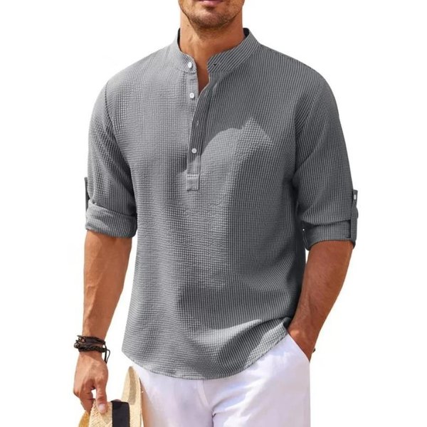 Camisas De Manga Larga De AlgodóN Y Lino Para Hombre, Primavera Y OtoñO, Color Liso, Cuello Alto, Estilo Playero Informal, Talla Grande 4XL Gray-image