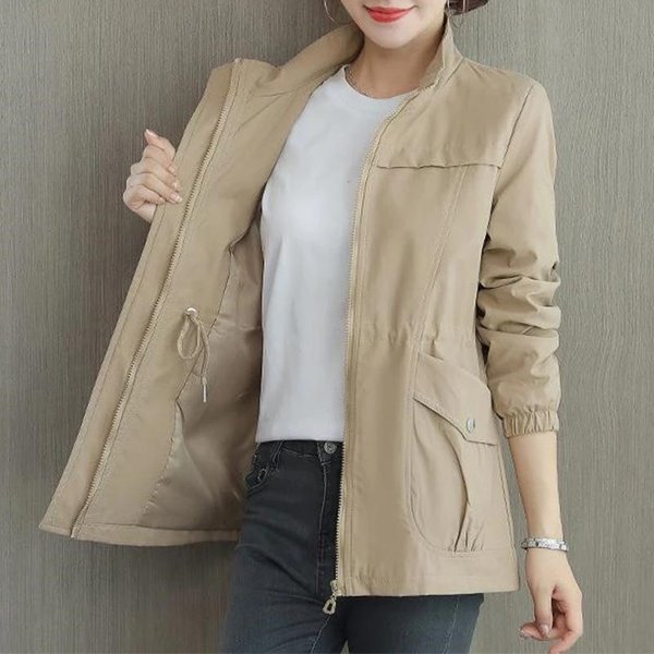 Dwuwarstwowa WiatróWka Damska Nowa Wiosna Jesień KróTki PłAszcz Moda Plus Rozmiar StóJka Damska Kurtka Xxxl Khaki-image