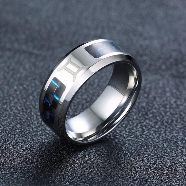 Anillo Vnox Para Hombre, Estilo Vintage, Con Las 12 Constelaciones Del Zodiaco, De Acero Inoxidable Y Fibra De Carbono Azul. HoróScopo Masculino. AstrologíA. Alianza. 9 Black-image