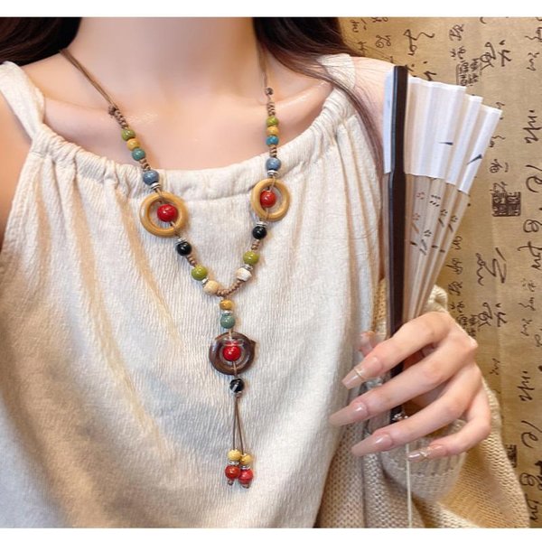 Kolorowy Ceramiczny Naszyjnik W Stylu Boho, RęCznie Robiony, Regulowany, Prosty Tkany Sznurkowy Naszyjnik Ceramiczny White-image