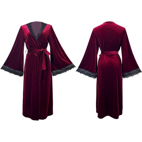 Bata Larga De Terciopelo Con Cordones Sexy Ropa De Dormir Para Mujer Kimono BorgoñA Albornoz Bata LenceríA ÍNtima OtoñO Nuevo Ropa Para El Hogar M Black-image