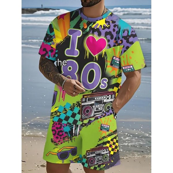 Conjunto De Camiseta De Manga Corta Y Pantalones Cortos Con Estampado 3D I Love 80S Para Hombre Y Conjunto De Camiseta De Manga Corta Y Pantalones Cortos Para Mujer Con Cuello Redondo 5XL Black-image