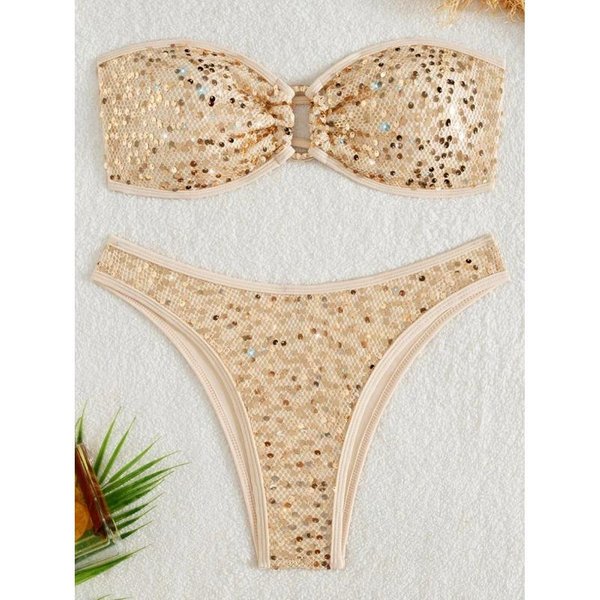BłYszcząCy Siatkowy Bikini Bandeau Z Cekinami Damski StróJ KąPielowy Kobiety Stroje KąPielowe DwuczęśCiowy Zestaw Bikini Brazylijskie KąPielóWki Kostium KąPielowy KąPielowa Pani S Beige-image